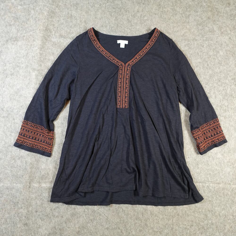 J. Jill Top Womens Small Petite Tunic‎ Embroidered 3/4 Sleeve V Neck Navy Blue